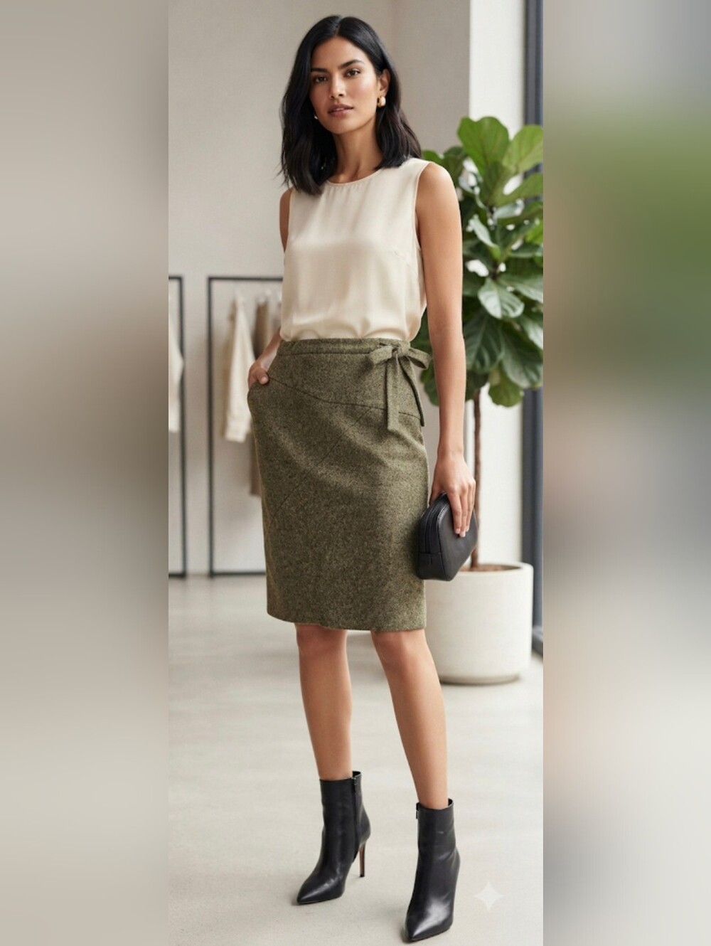 Divided by H&M Women's Bow Pencil Skirt Size 6 Army Green Textured Tie Waist
